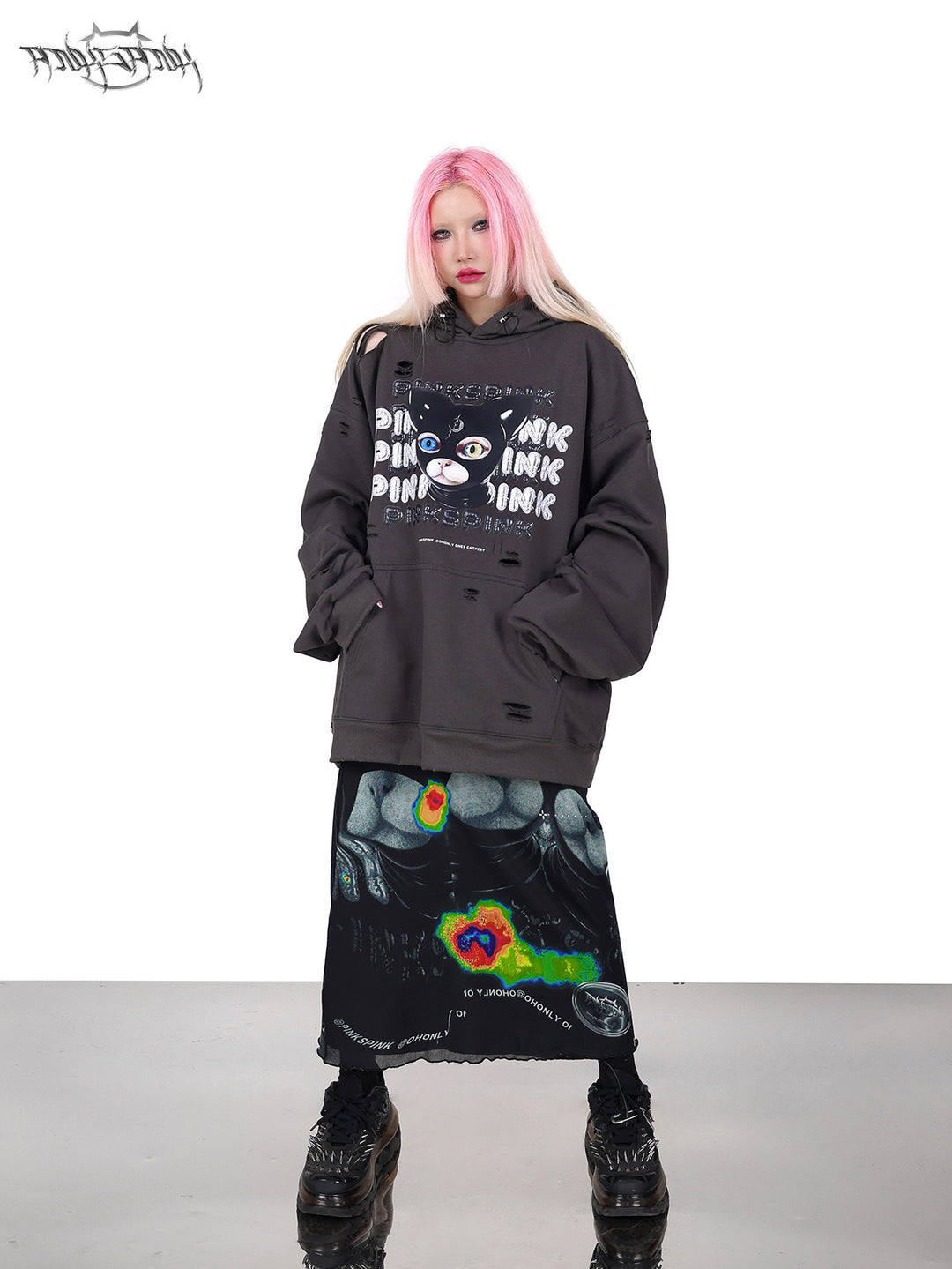 PINKSPINK DEVON CAT distressed mask hoodie in gray — front modeled view with both hands in the kangaroo pocket