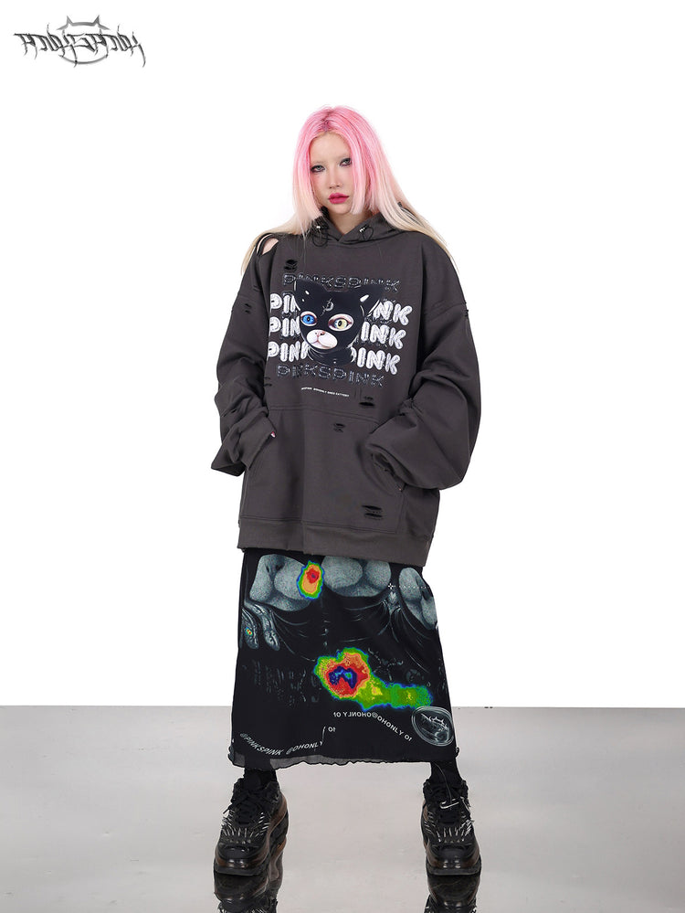 PINKSPINK DEVON CAT distressed mask hoodie in gray — front modeled view with both hands in the kangaroo pocket