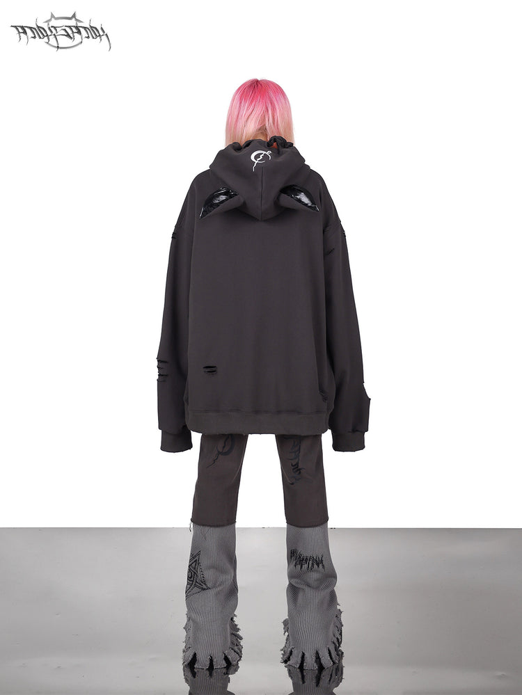 PINKSPINK DEVON CAT distressed mask hoodie in gray — rear full-length modeled view styled with gray trousers