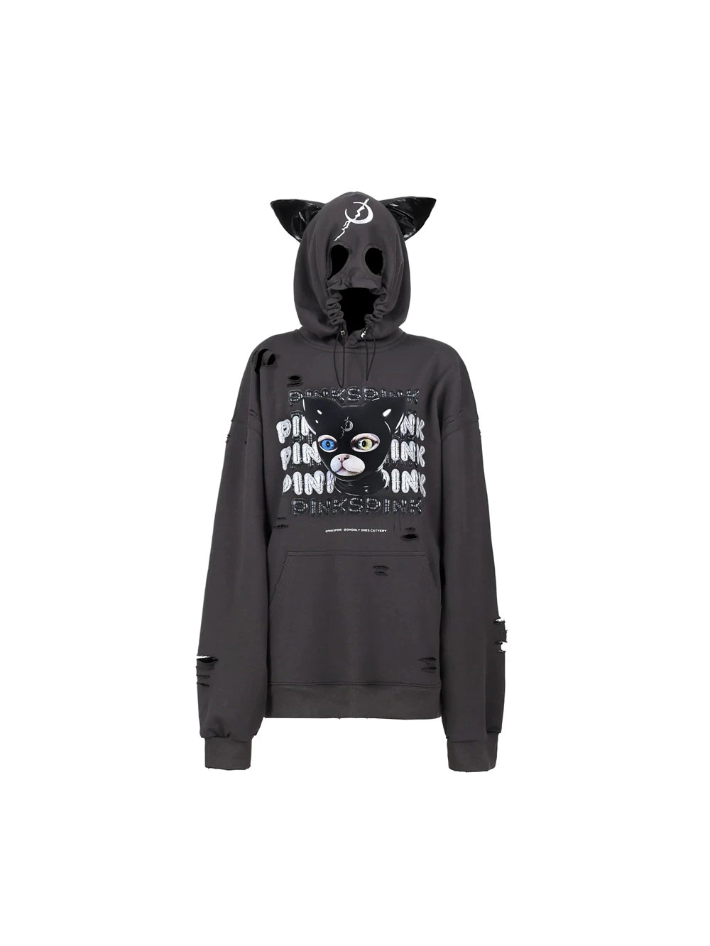 PINKSPINK DEVON CAT distressed mask hoodie in gray — front garment-only view showing the mask openings and distressed holes