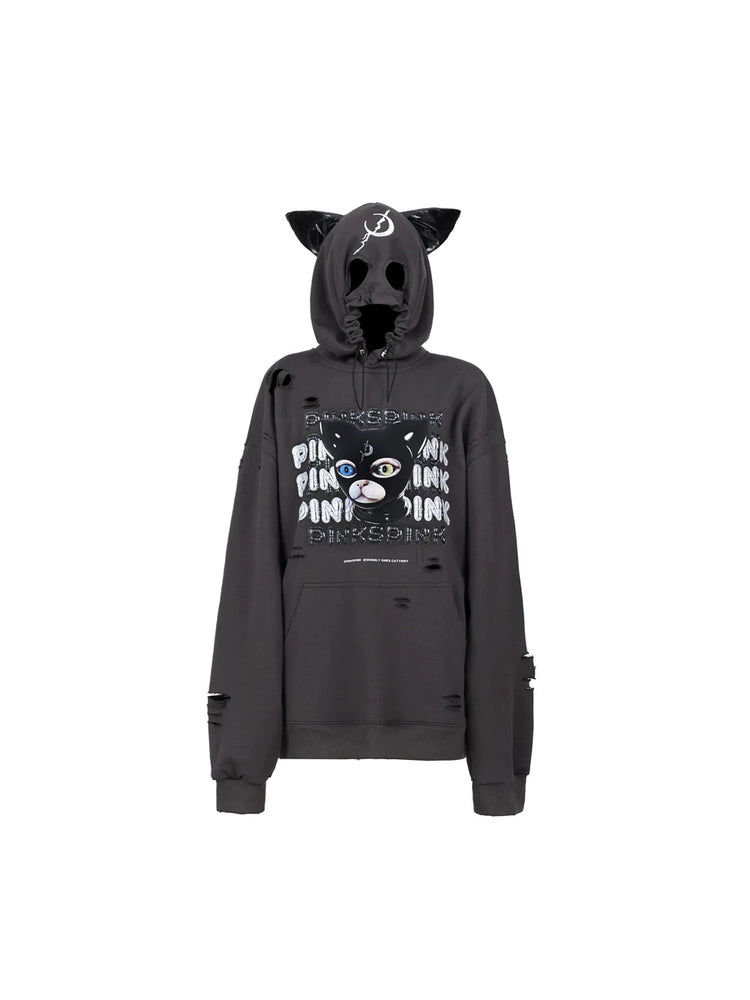 PINKSPINK DEVON CAT distressed mask hoodie in gray — front garment-only view showing the mask openings and distressed holes