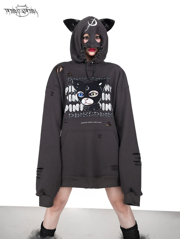 PINKSPINK DEVON CAT distressed mask hoodie in gray — front close-up of the mask hood corresponding to the hero image