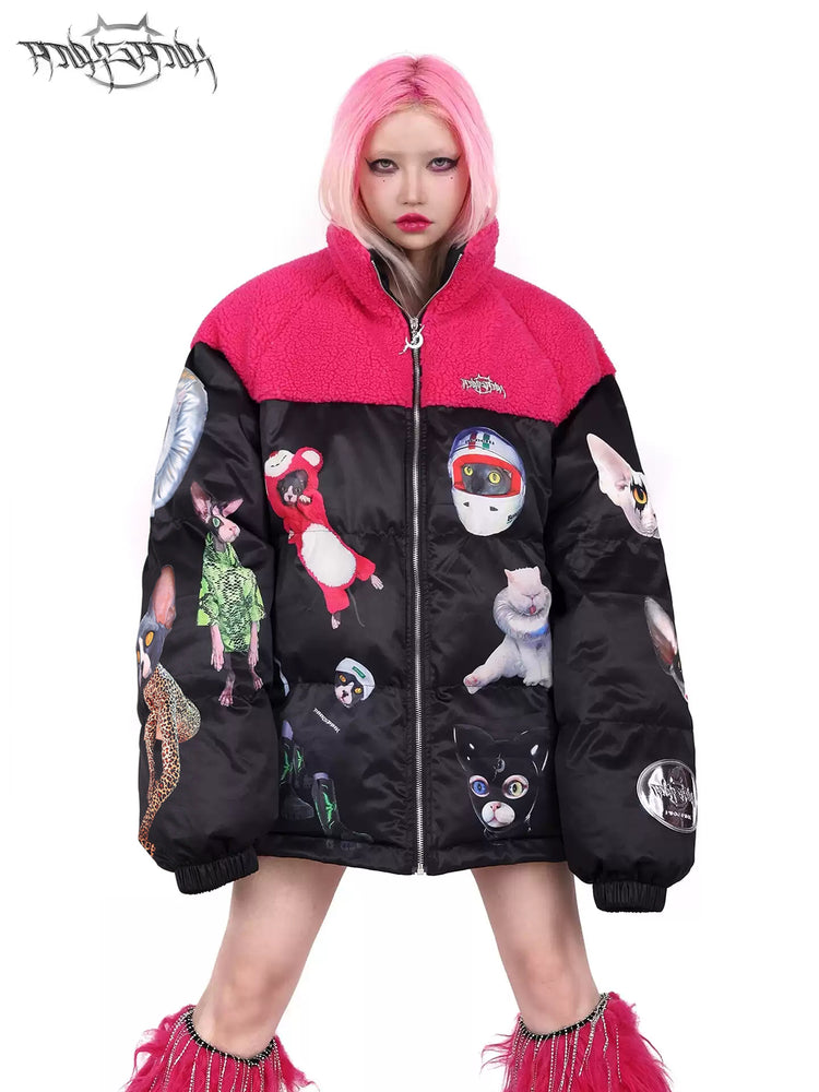PINKSPINK CAT COSMOS fleece-yoke padded jacket in black pink — front modeled close-up showing the pink fleece collar and cat print