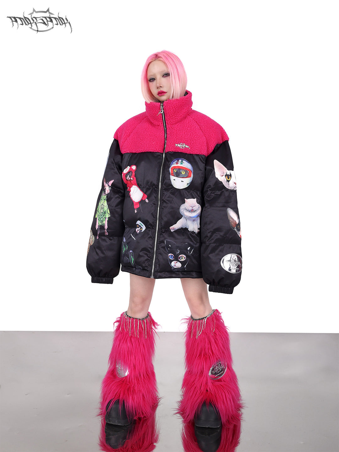 PINKSPINK CAT COSMOS fleece-yoke padded jacket in black pink — front full-length modeled view with the collar zipped and head tilted