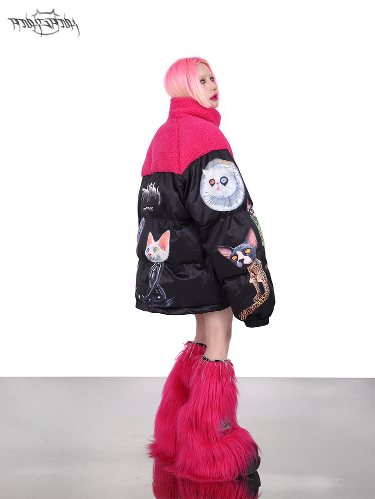 PINKSPINK CAT COSMOS fleece-yoke padded jacket in black pink — rear three-quarter modeled view showing the contrasting fleece yoke