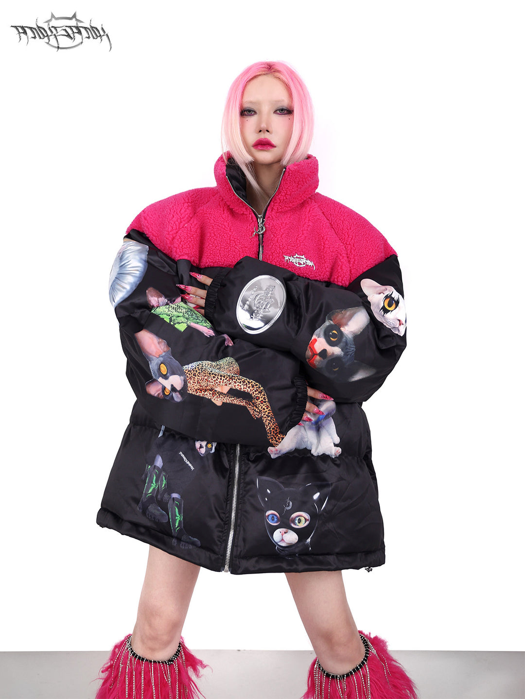 PINKSPINK CAT COSMOS fleece-yoke padded jacket in black pink — front modeled close-up with arms crossed