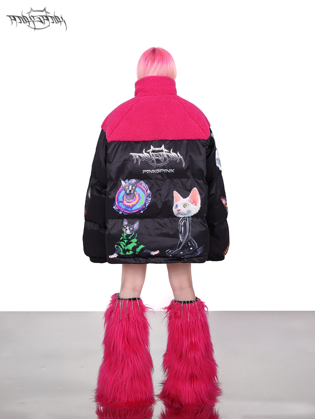 PINKSPINK CAT COSMOS fleece-yoke padded jacket in black pink — rear full-length modeled view showing the back cat graphics