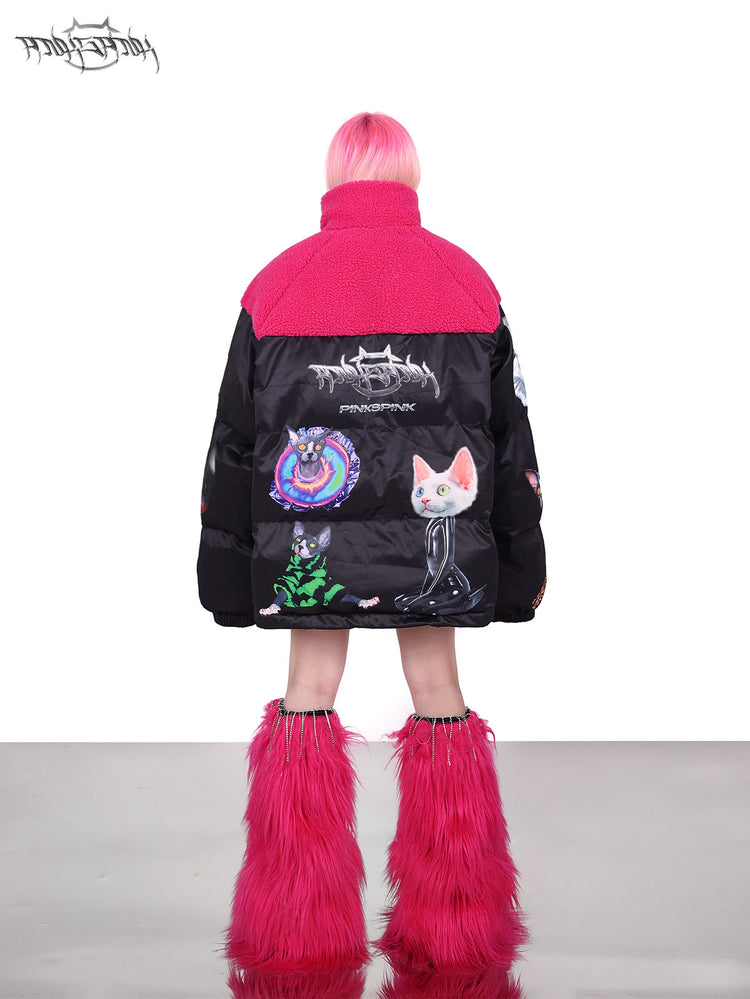 PINKSPINK CAT COSMOS fleece-yoke padded jacket in black pink — rear full-length modeled view showing the back cat graphics