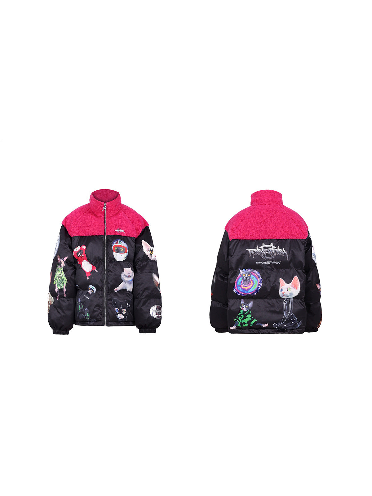 PINKSPINK CAT COSMOS fleece-yoke padded jacket in black pink — front and back garment-only views showing the fleece yoke and cat graphics