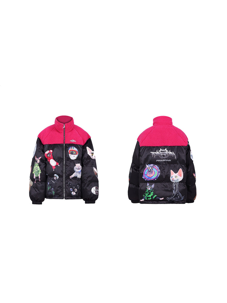 PINKSPINK CAT COSMOS fleece-yoke padded jacket in black pink — front and back garment-only views showing the fleece yoke and cat graphics