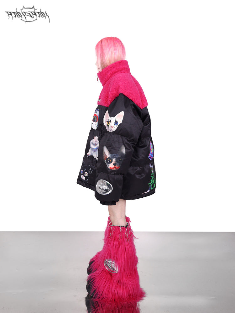 PINKSPINK CAT COSMOS fleece-yoke padded jacket in black pink — left-side full-length modeled view showing the sleeve graphics