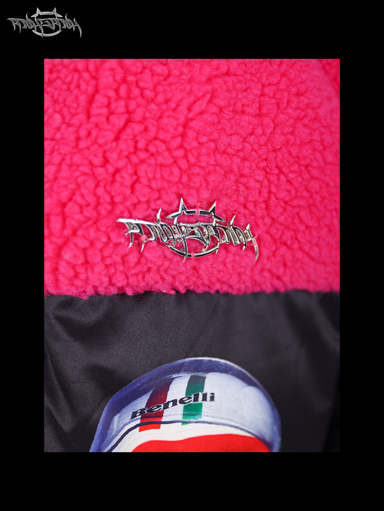 PINKSPINK CAT COSMOS fleece-yoke padded jacket in black pink — close-up of the metallic-look chest logo on pink fleece