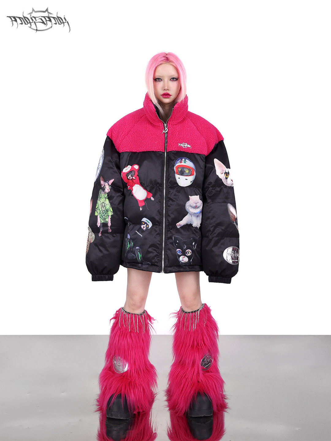 PINKSPINK CAT COSMOS fleece-yoke padded jacket in black pink — front full-length modeled view with the collar partly open