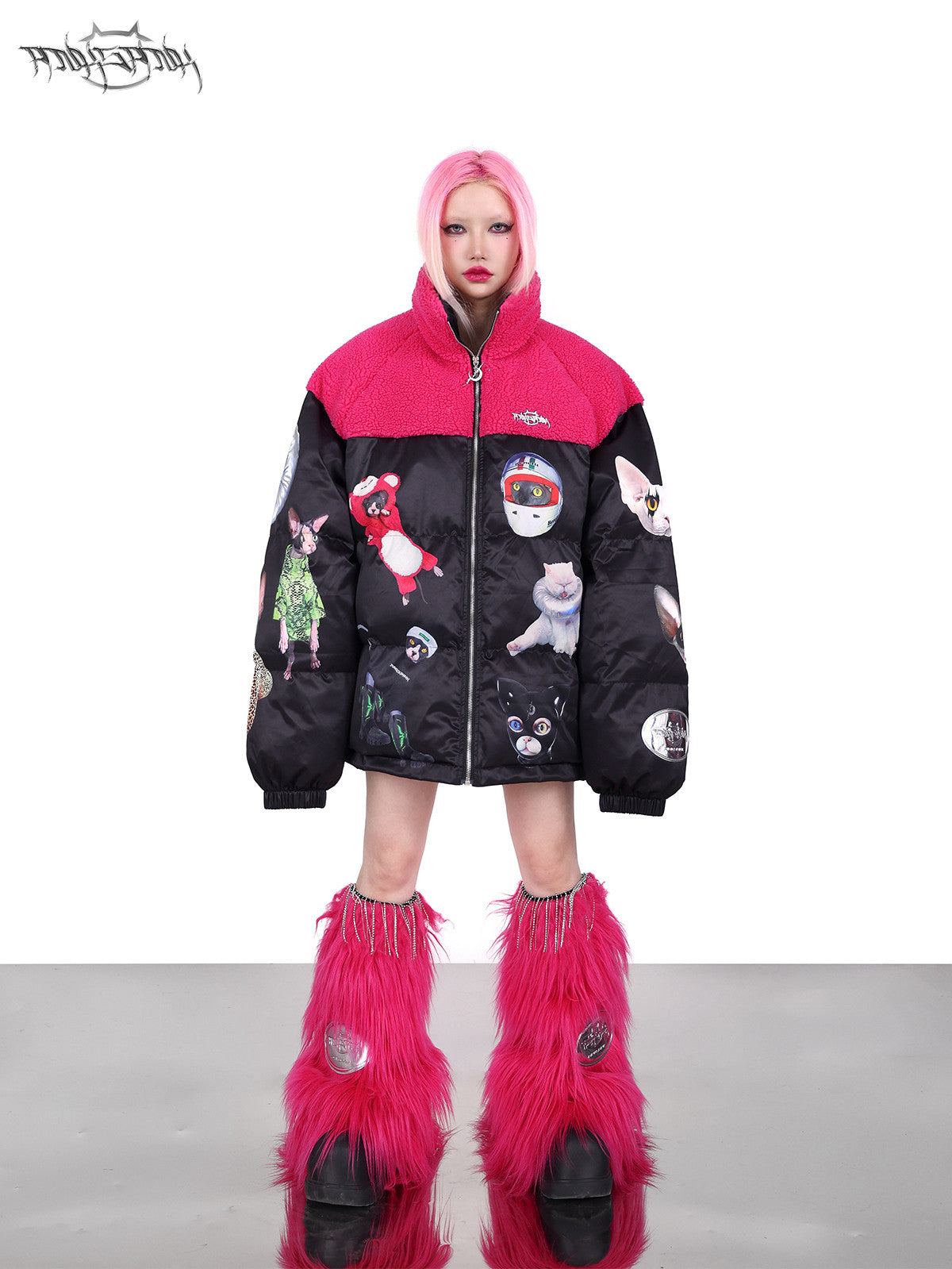 PINKSPINK CAT COSMOS fleece-yoke padded jacket in black pink — front full-length modeled view with the collar partly open