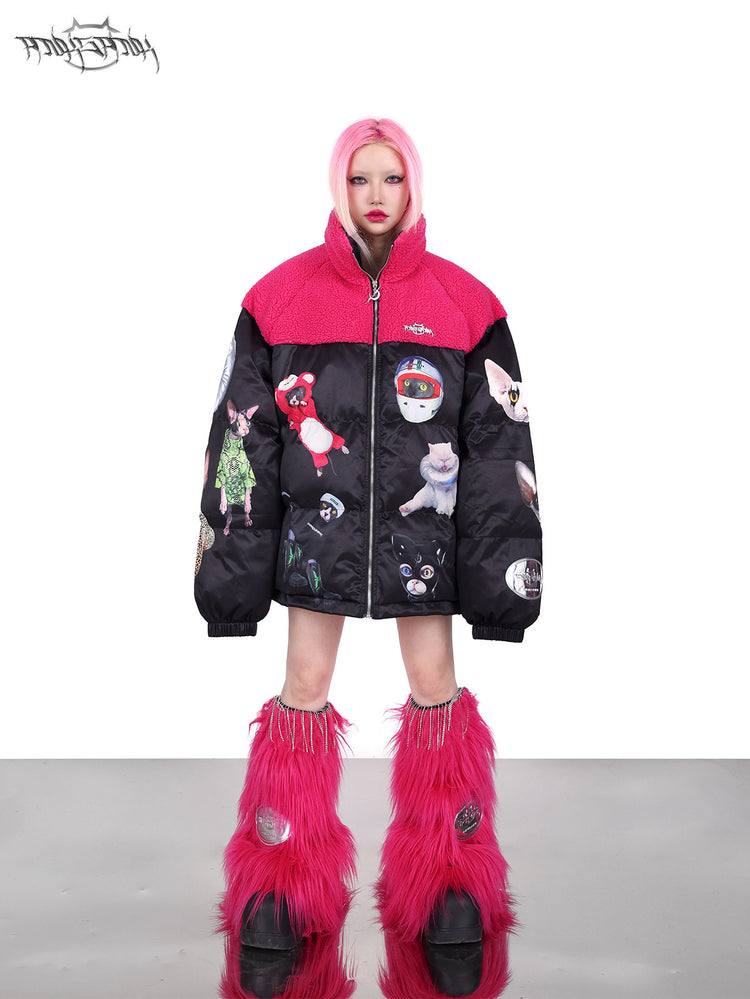 PINKSPINK CAT COSMOS fleece-yoke padded jacket in black pink — front full-length modeled view with the collar partly open