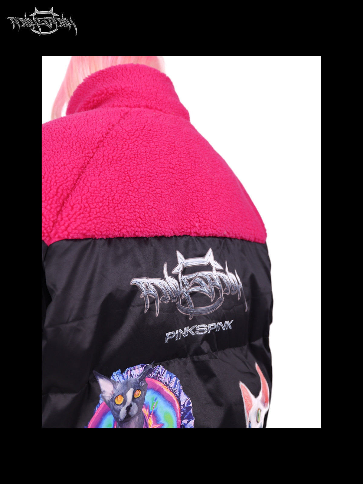 PINKSPINK CAT COSMOS fleece-yoke padded jacket in black pink — close-up of the back fleece yoke and logo