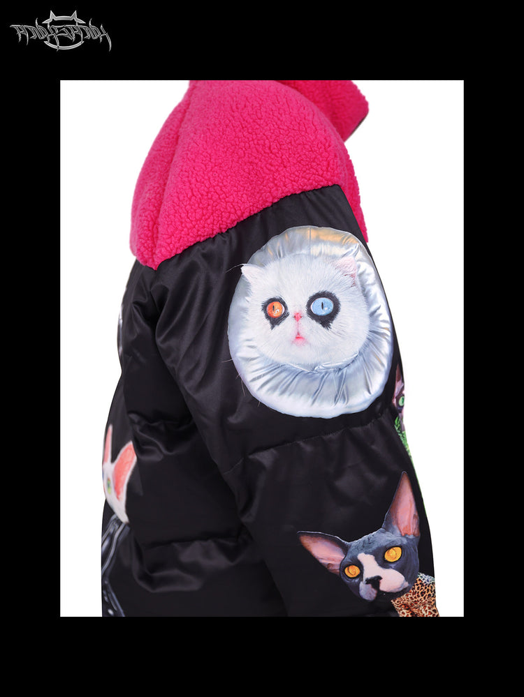 PINKSPINK CAT COSMOS fleece-yoke padded jacket in black pink — close-up of the white cat graphic and sleeve fabric