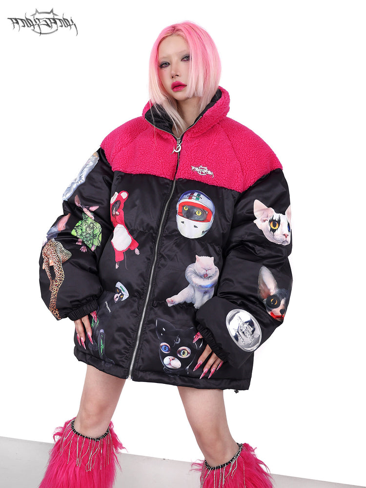 PINKSPINK CAT COSMOS fleece-yoke padded jacket in black pink — front modeled close-up with the collar open and hands at the waist