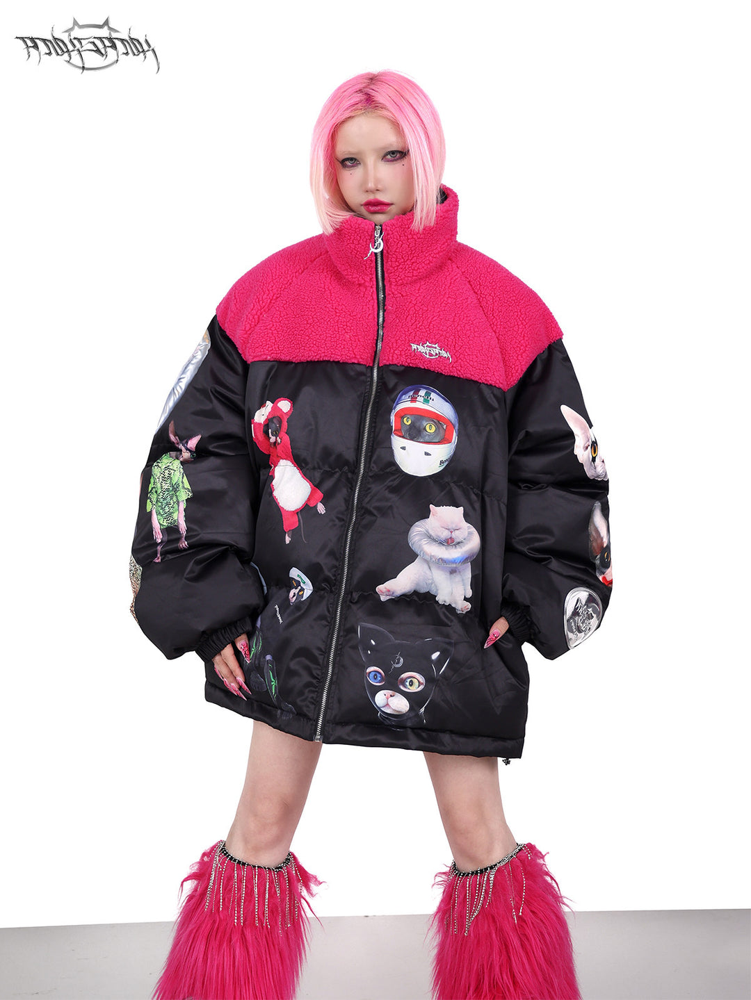 PINKSPINK CAT COSMOS fleece-yoke padded jacket in black pink — front modeled view with the collar zipped and hands in the pockets