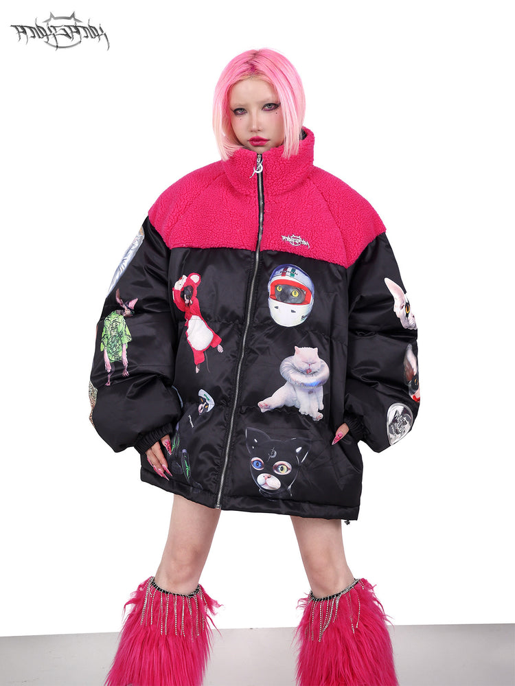 PINKSPINK CAT COSMOS fleece-yoke padded jacket in black pink — front modeled view with the collar zipped and hands in the pockets
