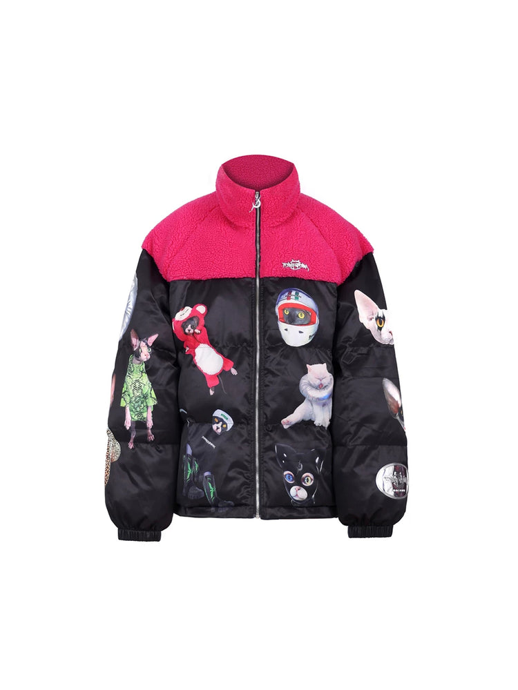 PINKSPINK CAT COSMOS fleece-yoke padded jacket in black pink — front garment-only view showing the black and pink panels