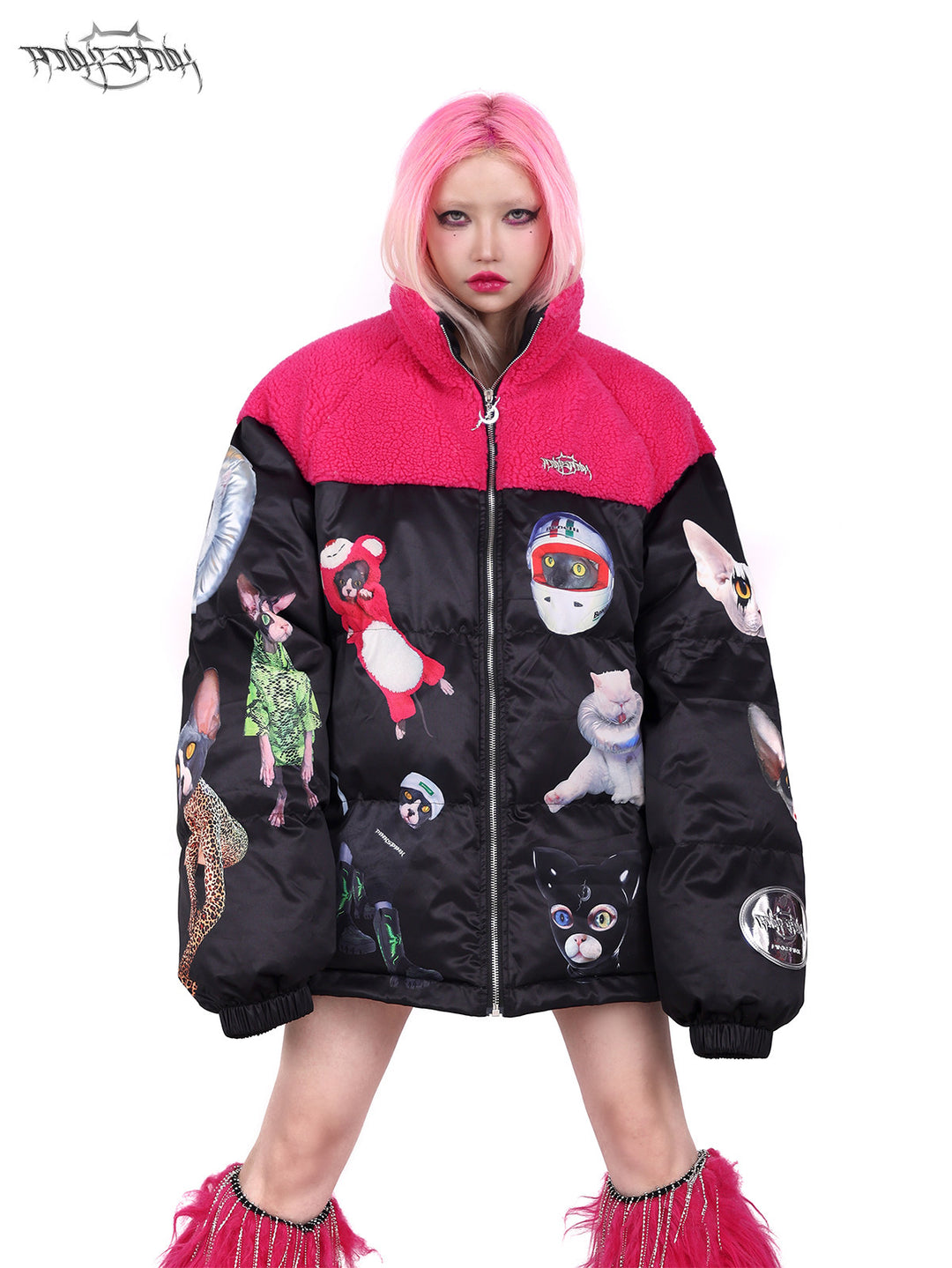 PINKSPINK CAT COSMOS fleece-yoke padded jacket in black pink — front modeled close-up corresponding to the hero image