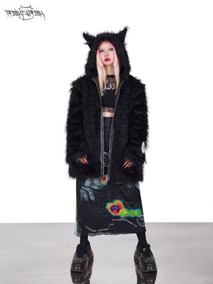 PINKSPINK DEVIL CAT pierced faux-fur jacket in black — front full-length modeled view with the hood raised and jacket open