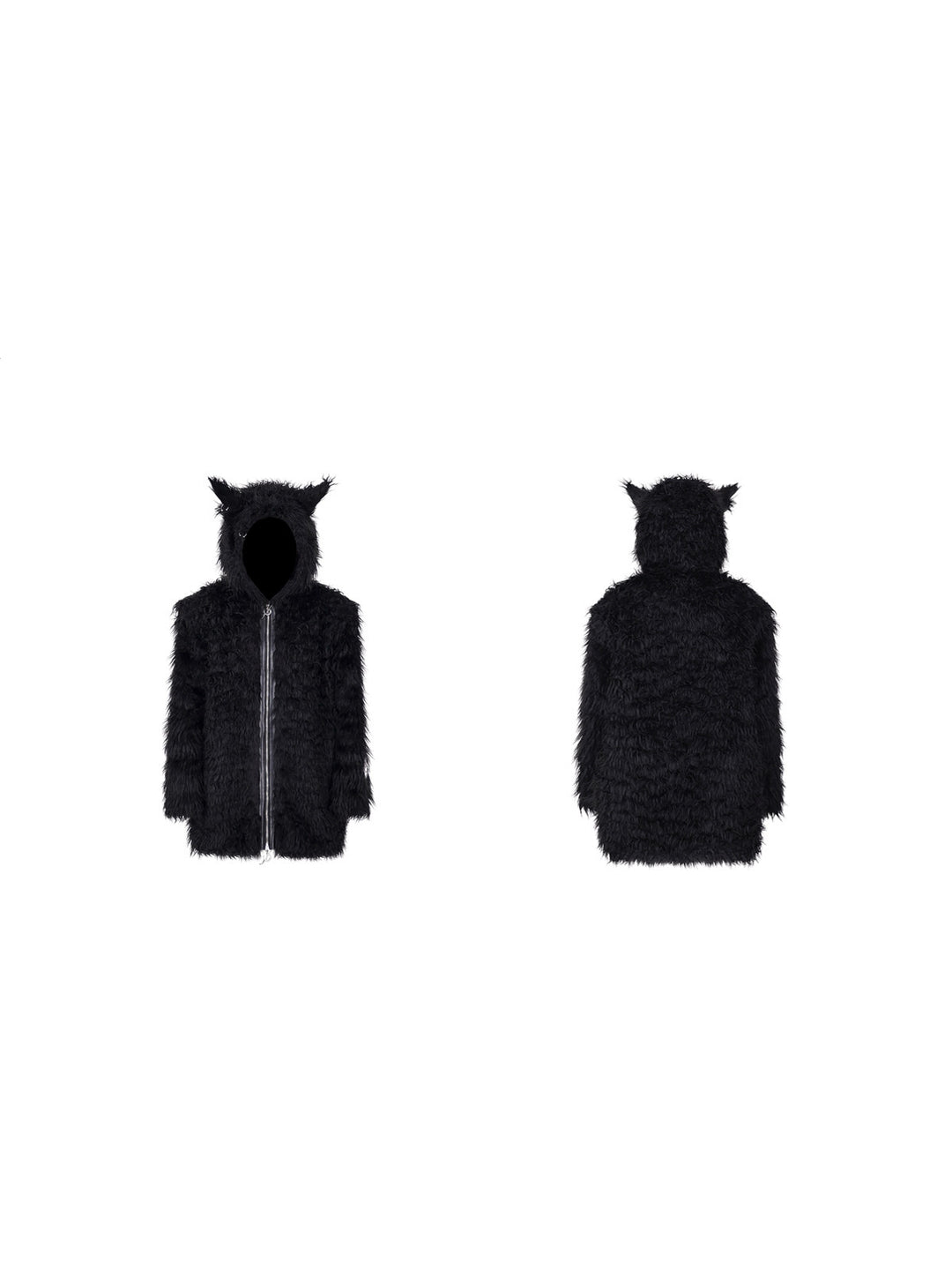 PINKSPINK DEVIL CAT pierced faux-fur jacket in black — front and back garment-only views showing the cat-ear hood