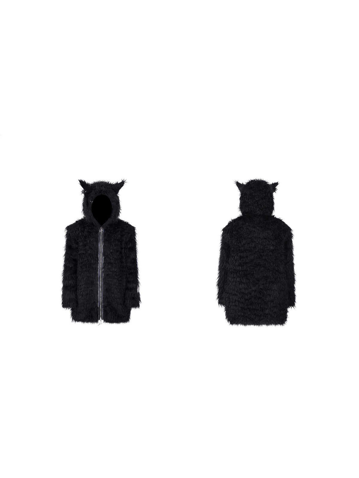 PINKSPINK DEVIL CAT pierced faux-fur jacket in black — front and back garment-only views showing the cat-ear hood