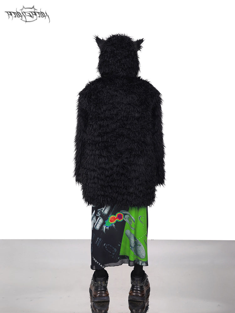 PINKSPINK DEVIL CAT pierced faux-fur jacket in black — rear full-length modeled view with the hood raised