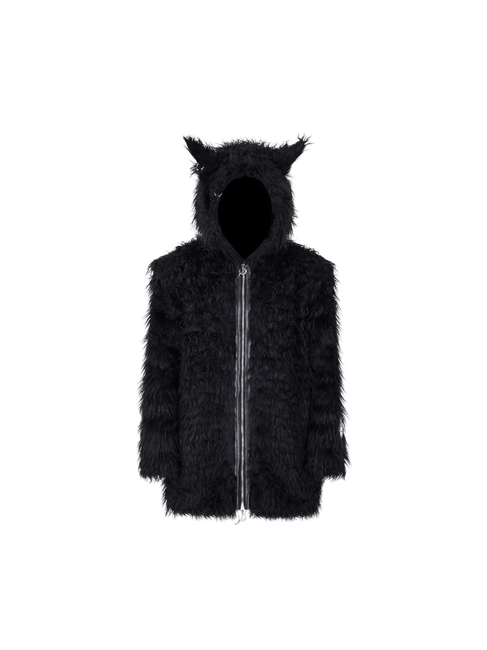 PINKSPINK DEVIL CAT pierced faux-fur jacket in black — front garment-only view showing the two-way zipper