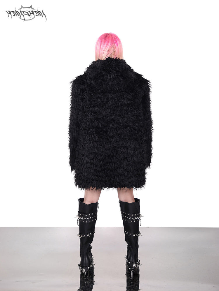 PINKSPINK DEVIL CAT pierced faux-fur jacket in black — rear full-length modeled view with the hood down