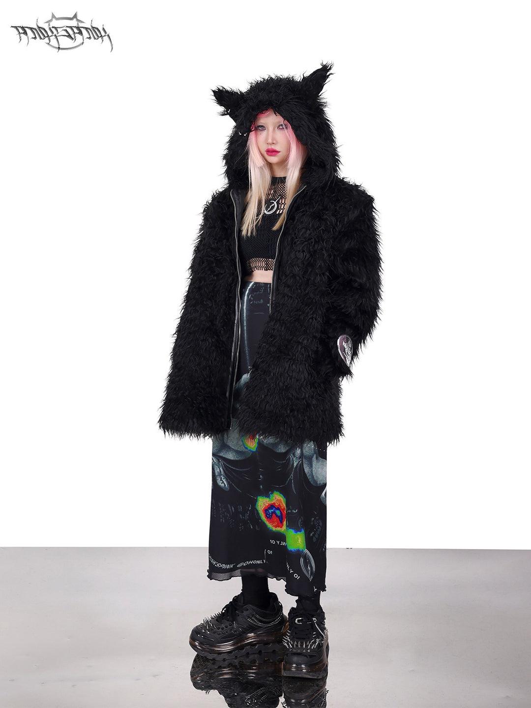 PINKSPINK DEVIL CAT pierced faux-fur jacket in black — three-quarter full-length modeled view with the jacket open