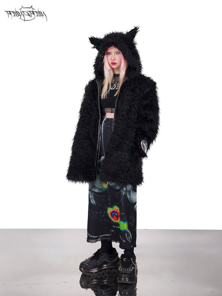PINKSPINK DEVIL CAT pierced faux-fur jacket in black — three-quarter full-length modeled view with the jacket open
