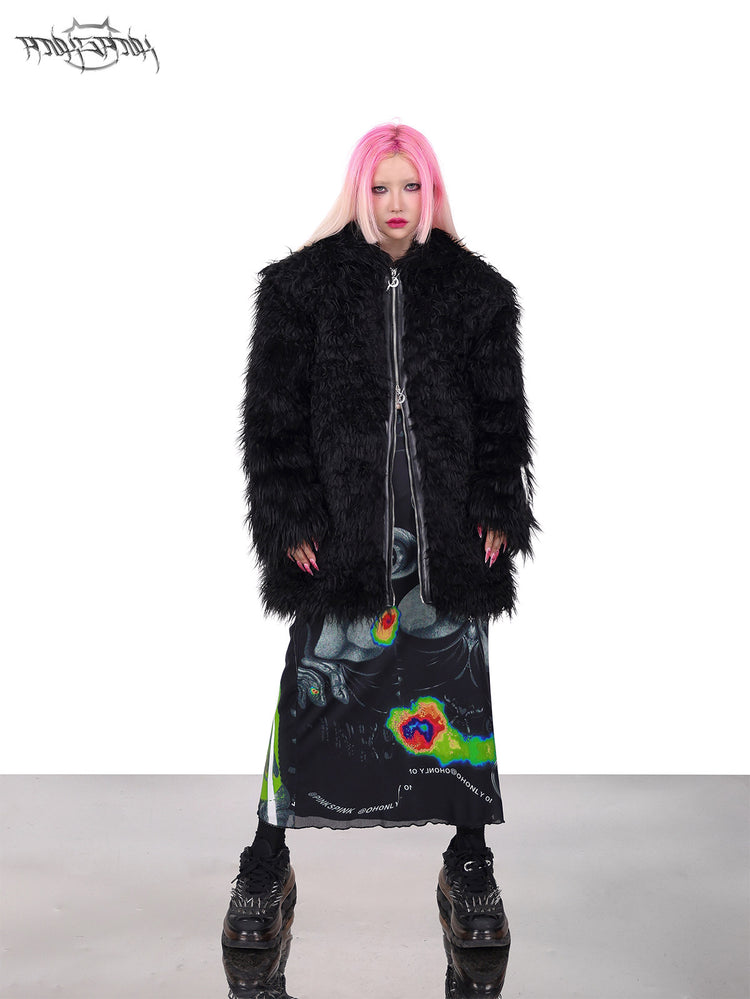 PINKSPINK DEVIL CAT pierced faux-fur jacket in black — front full-length modeled view with the hood down and lower zipper open