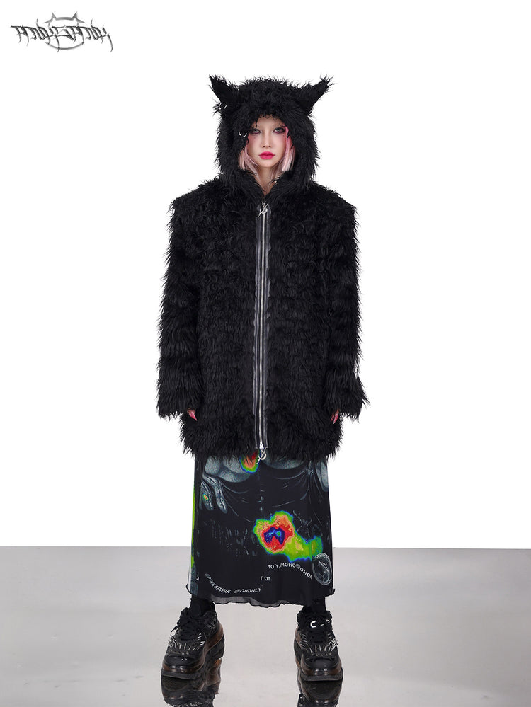 PINKSPINK DEVIL CAT pierced faux-fur jacket in black — front full-length modeled view with the hood raised and jacket zipped