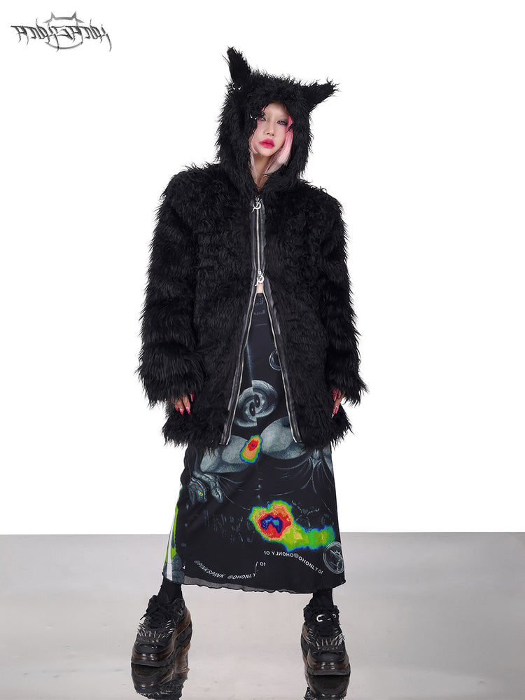 PINKSPINK DEVIL CAT pierced faux-fur jacket in black — front full-length modeled view with a relaxed sideways lean