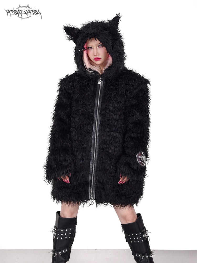 PINKSPINK DEVIL CAT pierced faux-fur jacket in black — front close-up with the hood raised corresponding to the hero image