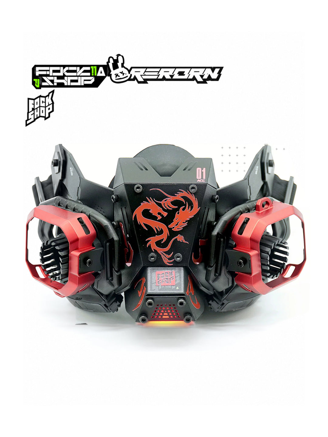 FOCKSHOP FIGHTING SPIRIT cyber mask — black and red Dragon Collector mask in an angled display view