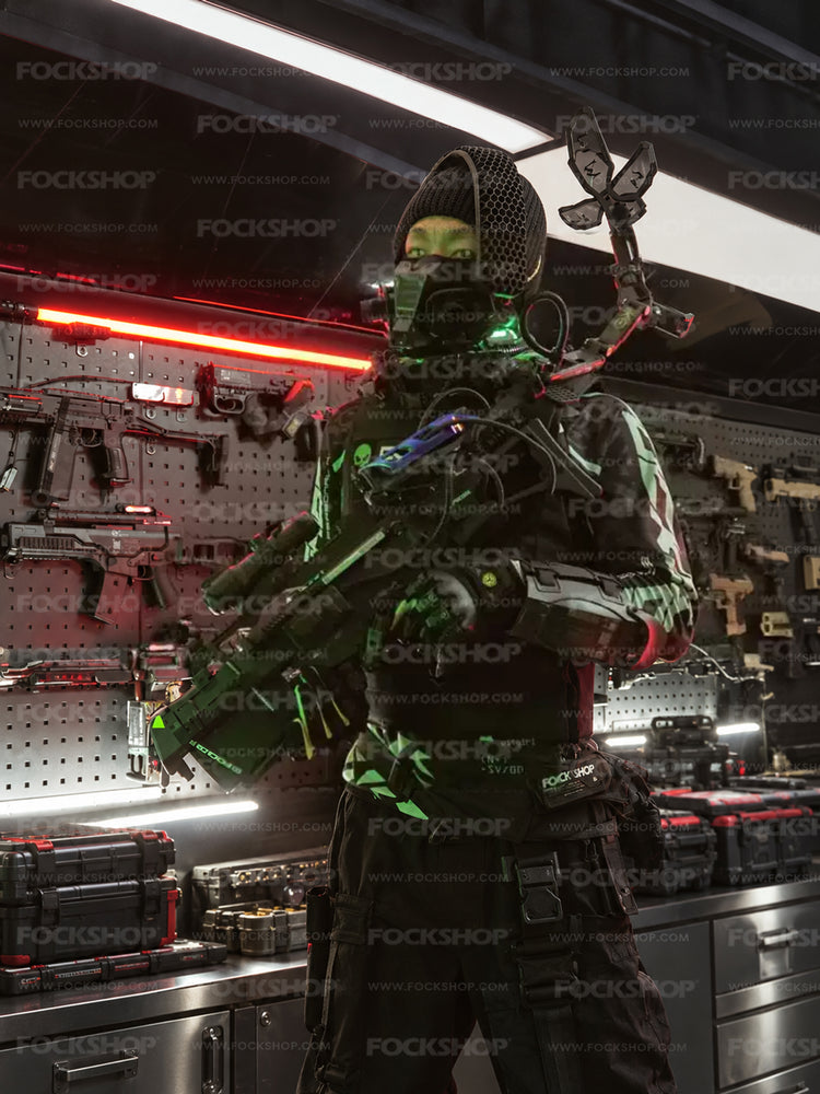 FOCKSHOP FIGHTING SPIRIT cyber mask — black Version 1 mask in a modeled costume portrait