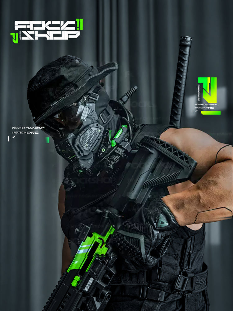FOCKSHOP FIGHTING SPIRIT cyber mask — black Version 1 mask styled with goggles and a mechanical collar