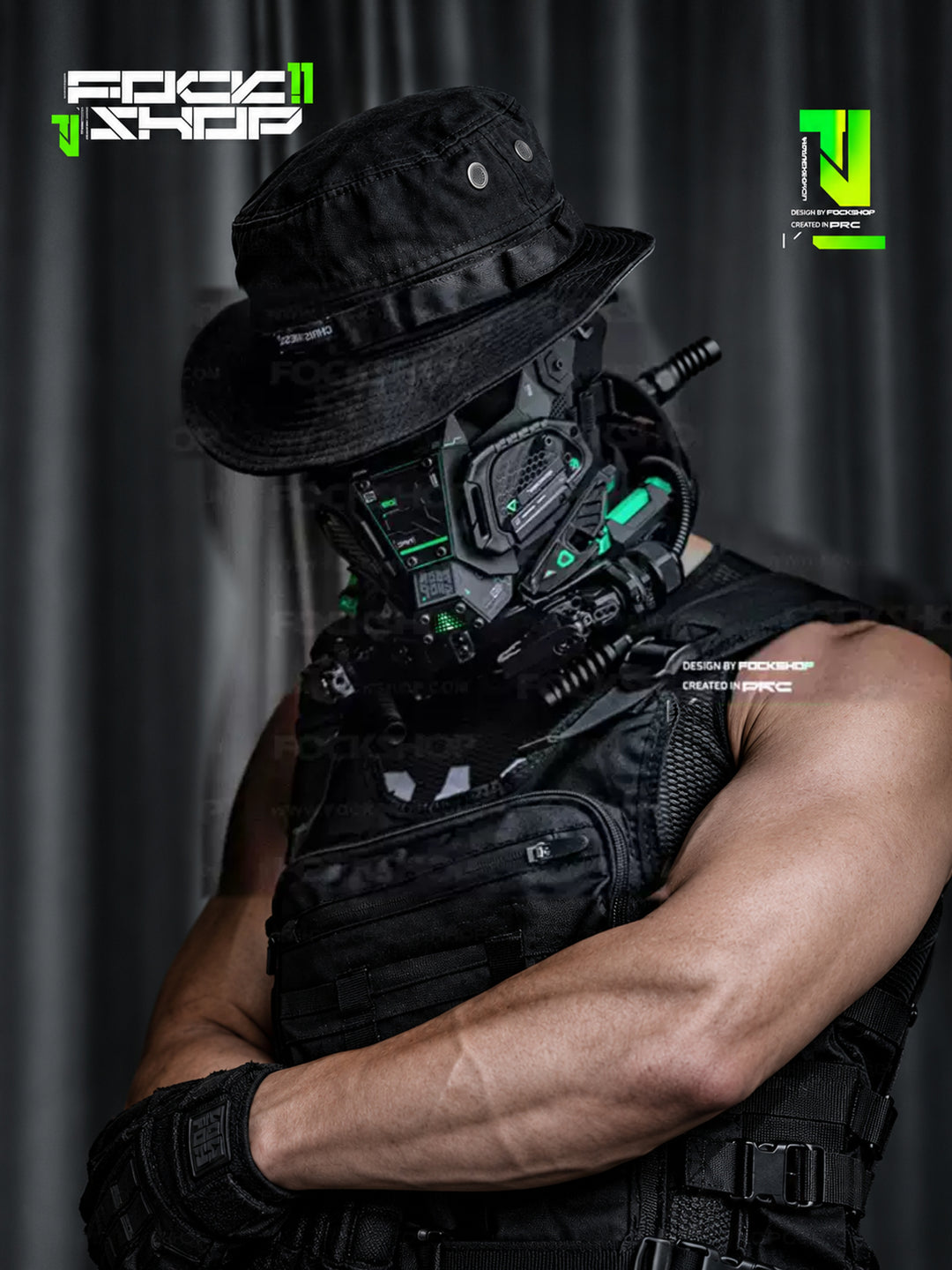 FOCKSHOP FIGHTING SPIRIT cyber mask — modeled view with mechanical collar and crossed arms