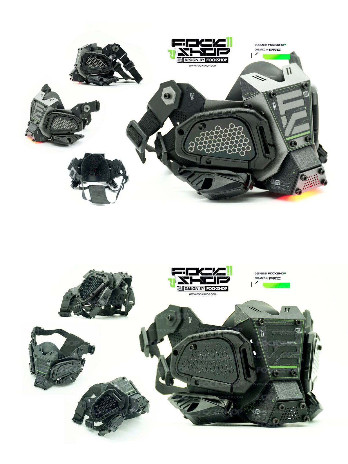 FOCKSHOP FIGHTING SPIRIT cyber mask — silver and black Version 1 masks from several angles