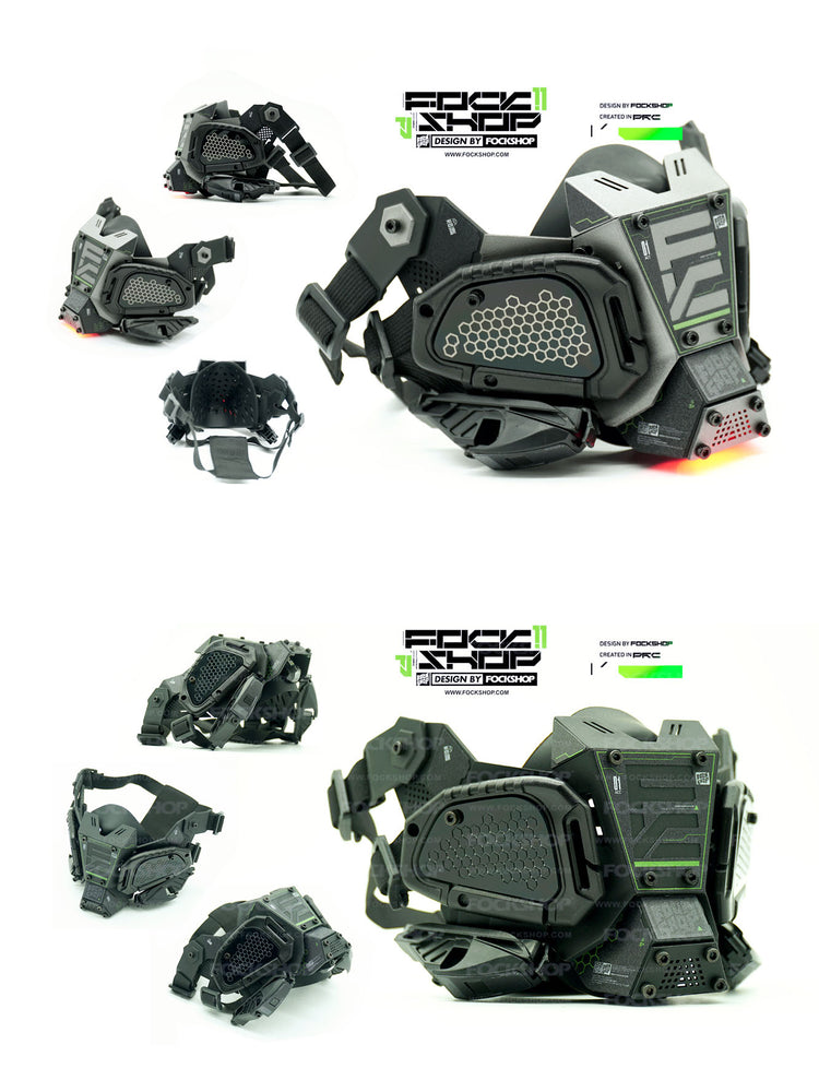 FOCKSHOP FIGHTING SPIRIT cyber mask — silver and black Version 1 masks from several angles