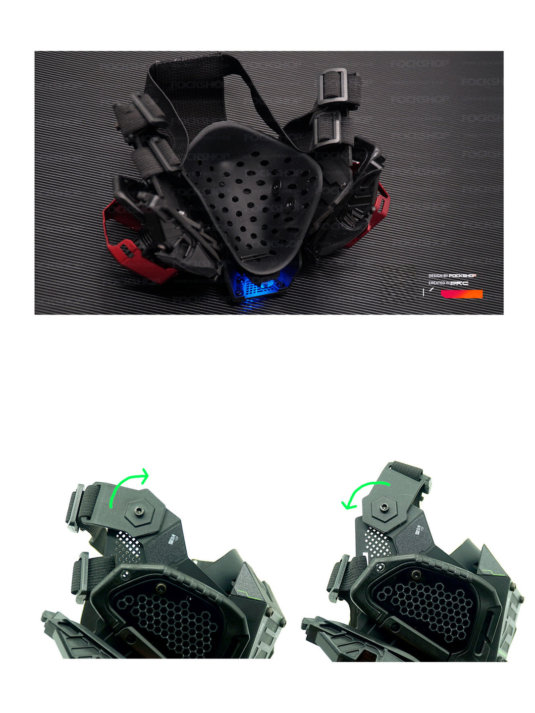 FOCKSHOP FIGHTING SPIRIT cyber mask — interior silicone contact panel and adjustable strap joints