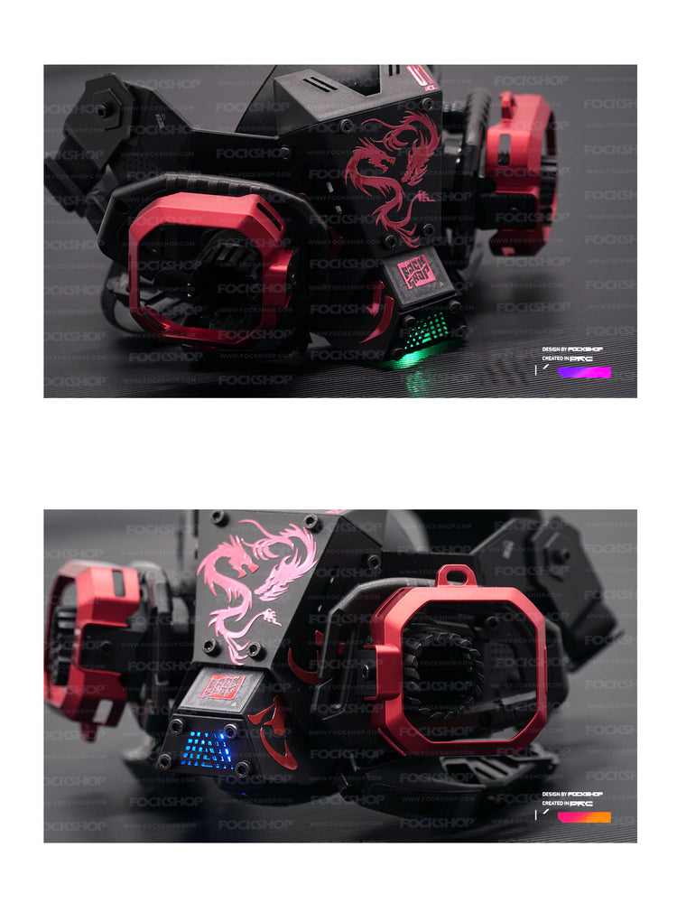 FOCKSHOP FIGHTING SPIRIT cyber mask — opposite close-ups of the Dragon Collector red trim and dragon print
