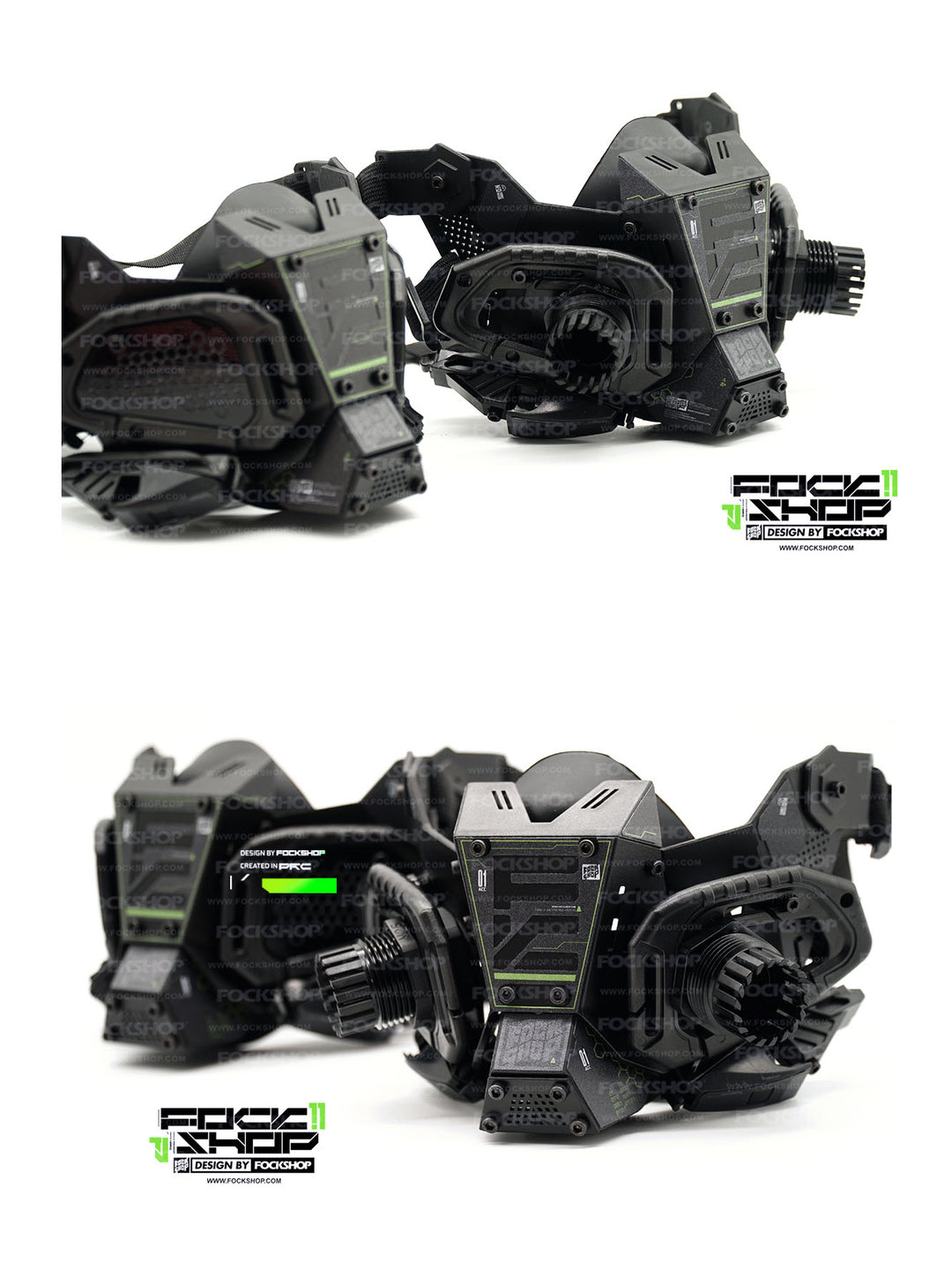 FOCKSHOP FIGHTING SPIRIT cyber mask — angled Version 1 and Version 2 display views