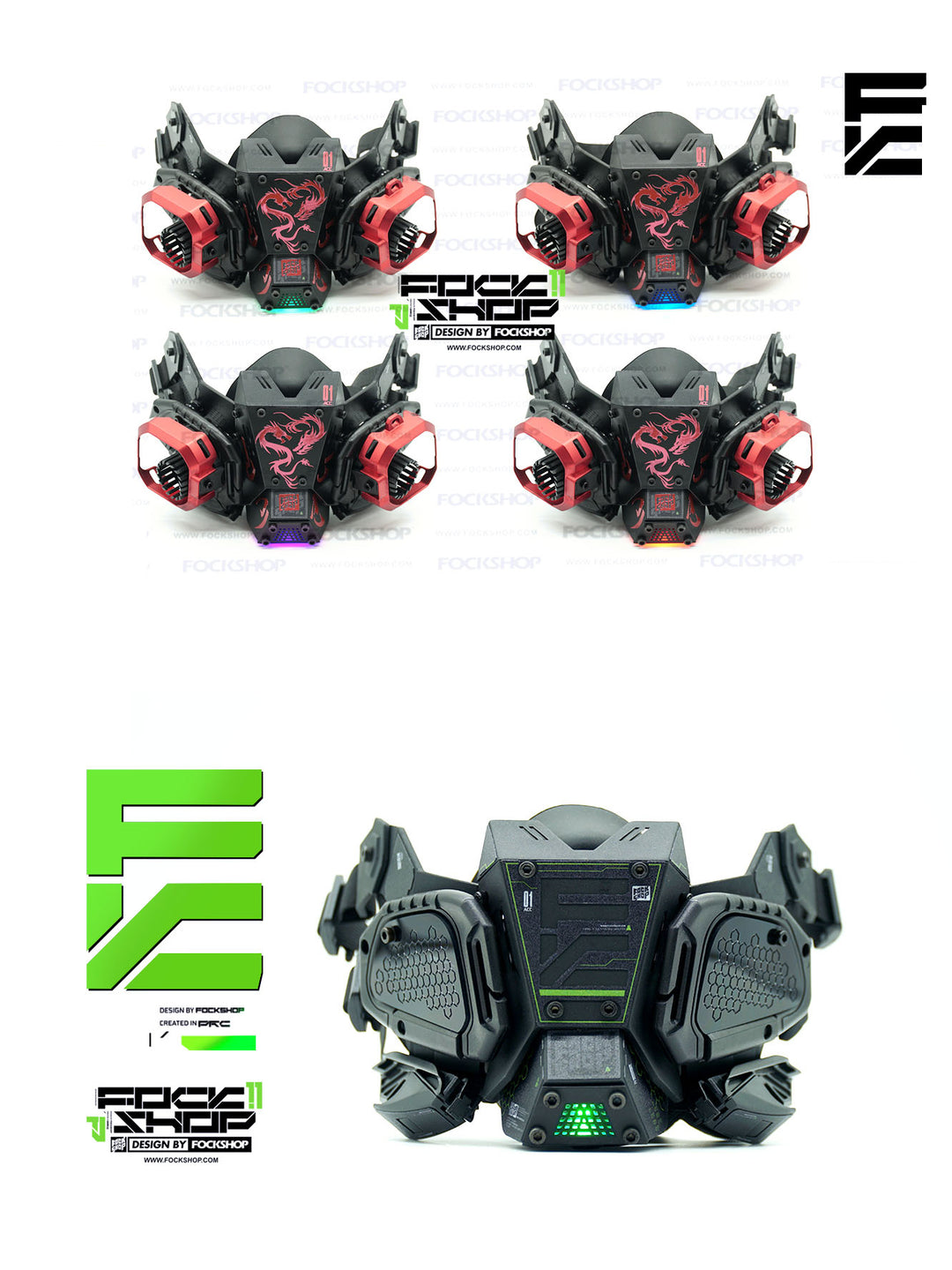 FOCKSHOP FIGHTING SPIRIT cyber mask — Dragon Collector lighting colors and black Version 1 front view