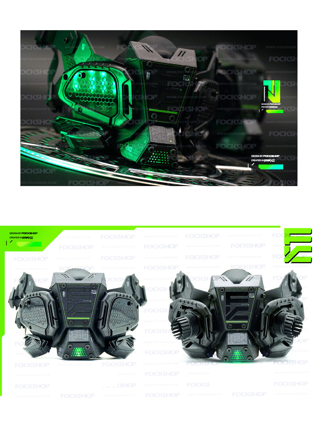 FOCKSHOP FIGHTING SPIRIT cyber mask — green lighting detail and front comparison of Versions 1 and 2