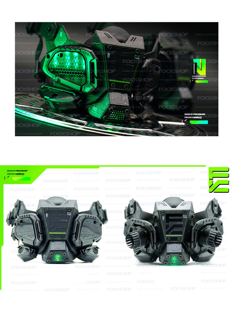 FOCKSHOP FIGHTING SPIRIT cyber mask — green lighting detail and front comparison of Versions 1 and 2